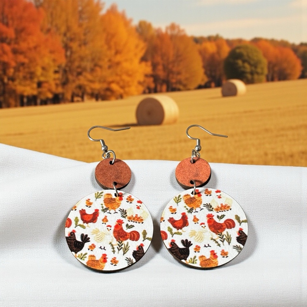 Farmhouse Chicken Patterned Dangle Earrings